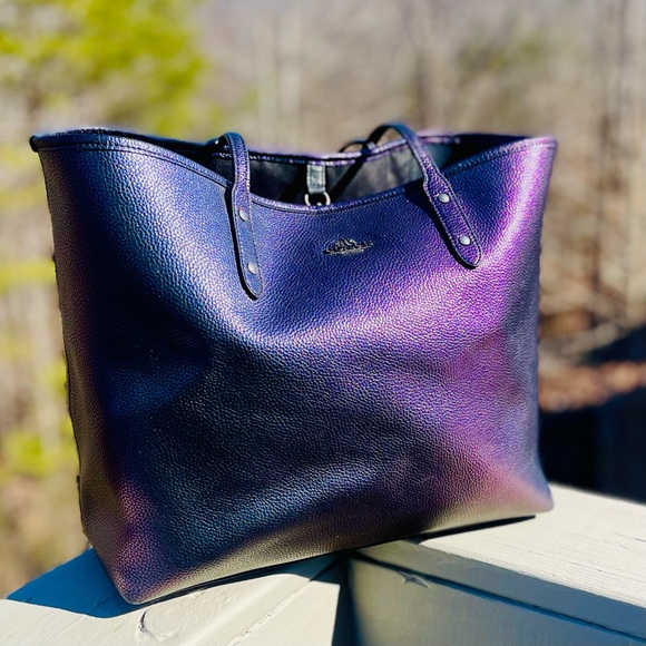 RARE COACH Hologram Metallic Petrol Large City Bag Tote Purple Green Teal Blue - Picture 3 of 16